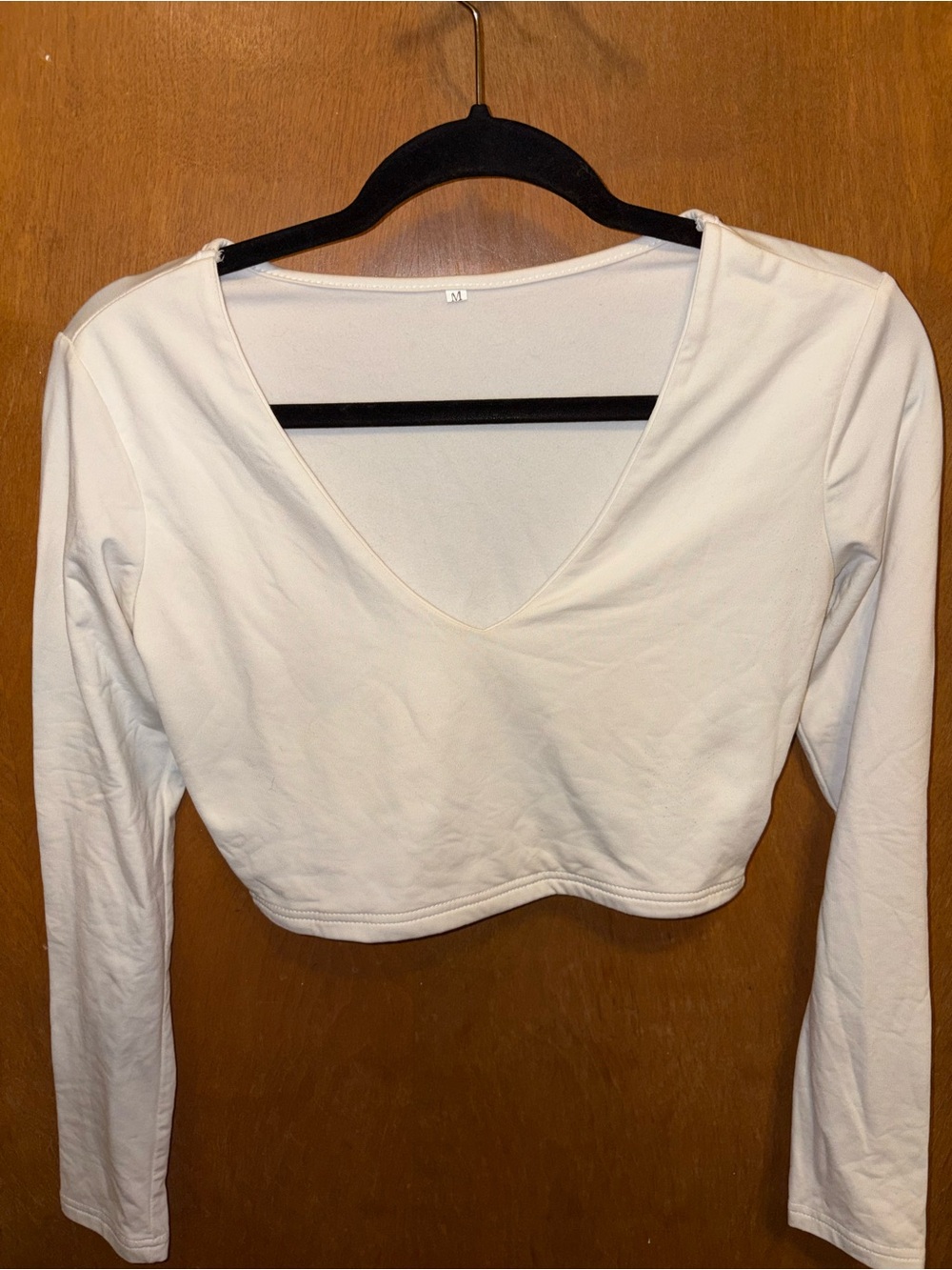 Long-Sleeve V-Neck Crop Top in Cream